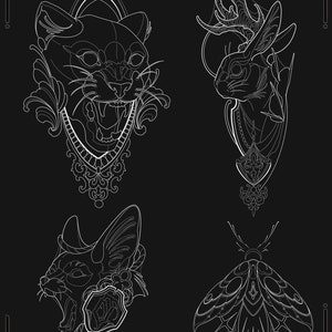 May include: Four black and white line art stencil designs for tattooing. The designs include a snarling panther head, a rabbit with antlers, a fox head, and a moth.