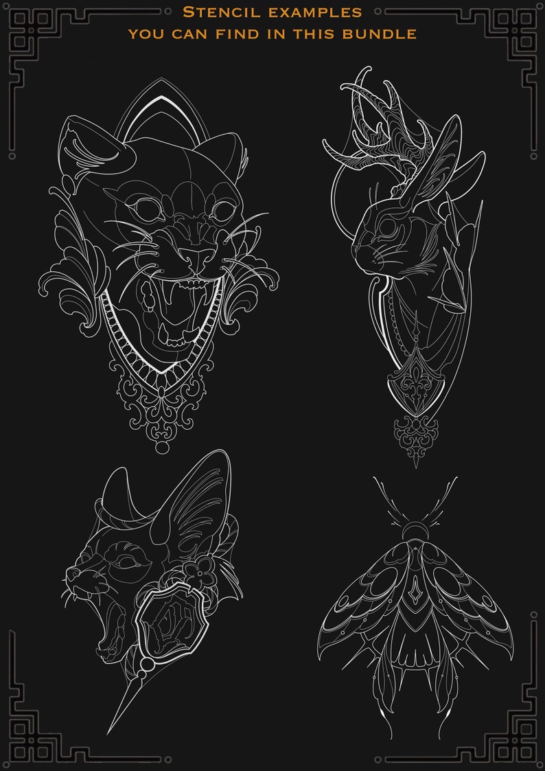 May include: Four black and white line art stencil designs for tattooing. The designs include a snarling panther head, a rabbit with antlers, a fox head, and a moth.