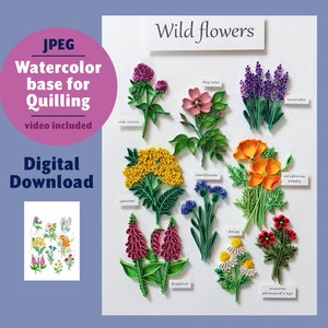 Digital Download Pattern 9 Wild Flowers - Watercolor Base for Quilling - Paper Art Supplies - Summer Crafts - Gift Ideas