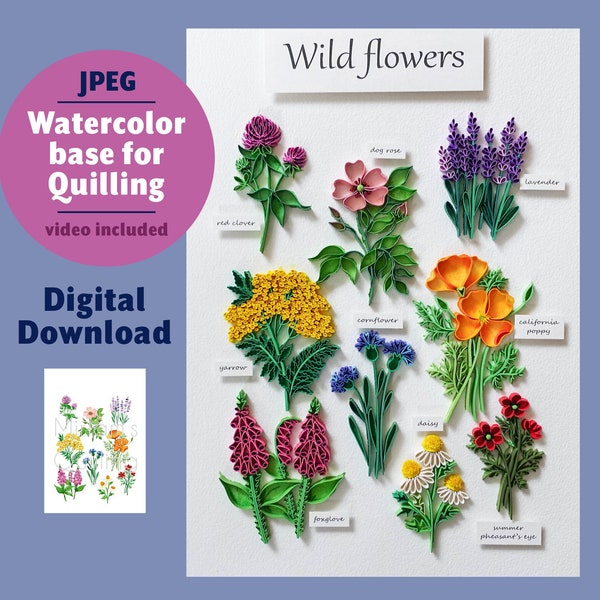 Digitaler Download Muster 9 Wilde Blumen - Wasserfarben Basis für Quilling - Papierkunst Zubehör - Sommer Handwerk - Geschenkideen