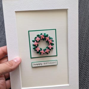 Handmade Mini Wreath Pink Flowers Card - Paper Quilling Art - Birthday, Anniversary Gifts