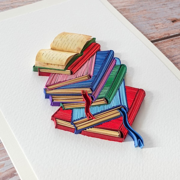 Handmade Books Stack Card - Paper Quilling Art - Bibliophile, Lovers of Books Gifts