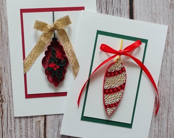 Handmade Christmas Cards - Mini Paper Quilling Art - Winter Greetings Cards - Red Ornaments Tree - Holidays