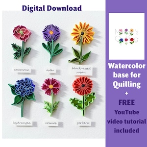 Flores de Outono Digital Download Padrão Papel Quilling - Arte DIY - Tutorial - Anêmona, Cosmos, Hortênsia, Áster, Gerbera - Presente de Natal