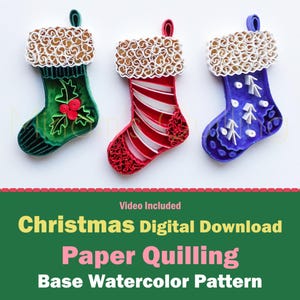 May include: Three handmade Christmas stockings in green, red, and blue, each with a unique design. The green stocking has a holly and berry design, the red has stripes, and the blue has a tree design. The stockings are decorated with paper quilling.