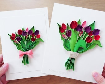 Handmade Paper Quilling Tulips Bouquet Cards - Spring Gifts, Birthday Flowers, Anniversary, Mother's Day