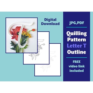 Patrón de quilling con la letra T para descargar digitalmente - Monograma tipográfico DIY - Suministros para regalos de cumpleaños - Diseño de contorno de plantilla