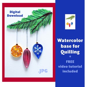 Digital Download Watercolor Pattern Ornaments Christmas Tree Branch - Watercolors Base for Paper Quilling - Red, Blue, Yellow