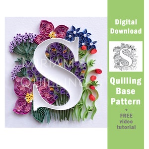Download digitale, carta base Quilling Tipografia Outline / Stampa digitale / Monogramma Lettera S / Pagina da colorare Fiori Arte