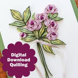 Cyfrowe pobieranie karty akwarelowego bukietu - wzór papierowych róż quilling, szablon - materiały, samouczek