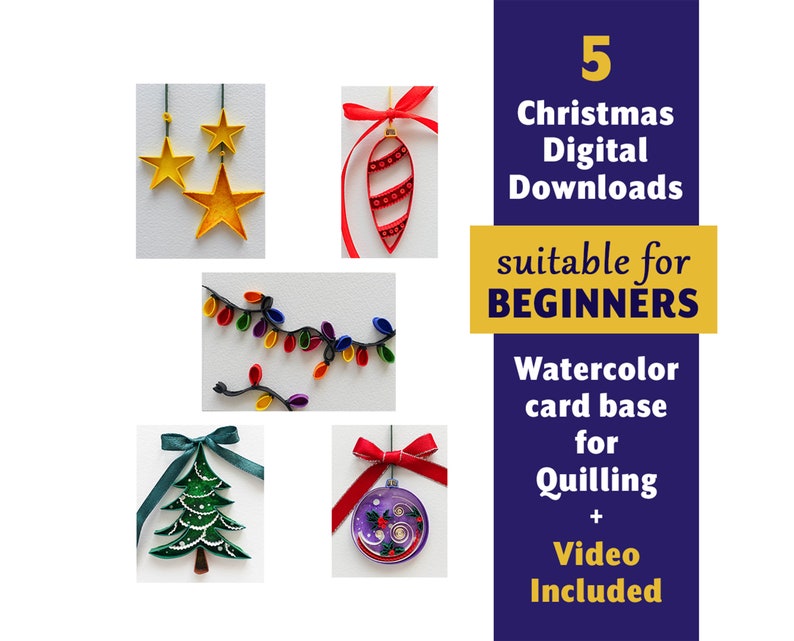 May include: Five digital downloads of Christmas-themed quilling designs, suitable for beginners. The designs include a Christmas tree, ornaments, and a string of lights. Watercolor card base for quilling and video included.