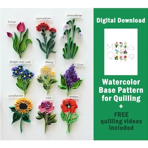 Modello di carta da scaricare digitale per quilling - Composizione artistica di 9 fiori - Tutorial - Tulipano, Girasole, Rosa, Nontiscordardime, Margherita, Lilla