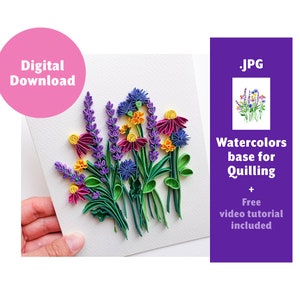Digital Download Base Watercolor Pattern for Paper Quilling - Summer Field Flowers Template - Birthday Card - Lavender, Daisy