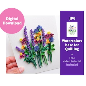 Download digital de padrão de aquarela para quilling de papel - Modelo de flores do campo de verão - Cartão de aniversário - Lavanda, Margarida