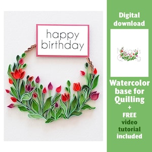 Digitaler Download Tulpenfeld - Papier Quilling Art Blumen - Digitales Muster auf Aquarellbasis - Geburtstag Quilling Zubehör, Vorlage