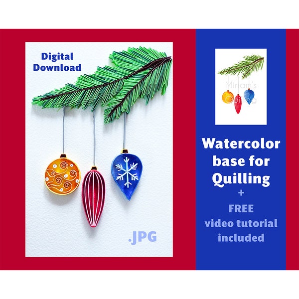 Digital Download Watercolor Pattern Ornaments Christmas Tree Branch - Watercolors Base for Paper Quilling - Red, Blue, Yellow