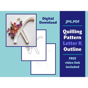 Patrón de quilling con la letra K para descargar digitalmente - Monograma tipográfico DIY - Suministros para regalos de cumpleaños - Diseño de contorno de plantilla
