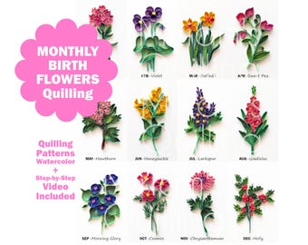 Download digitali Fiori di nascita Carta Quilling fai da te - Modello, modello, forniture, regalo di compleanno