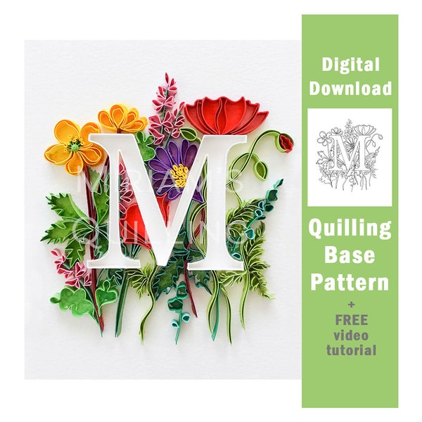 Wzór quilling typography na literę M: kwiatowy monogram (pobranie cyfrowe)