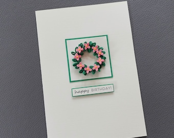 Handmade Mini Wreath Pink Flowers Card - Paper Quilling Art - Birthday, Anniversary Gifts