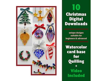 May include: A set of 10 digital downloads for quilling, featuring watercolor card bases with Christmas themes. The designs include a Christmas tree, ornaments, a wreath, and a string of lights. The designs are suitable for beginners and advanced quilters. Video included.