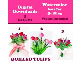 Download digitali: Bouquet di tulipani primaverili in carta per quilling - Materiali per biglietti di auguri di Pasqua e anniversario