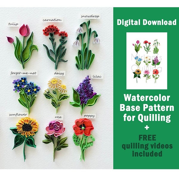 Quilling en papier à téléchargement numérique - composition artistique de 9 fleurs - tutoriel - tulipe, tournesol, rose, myosotis, marguerite, lilas