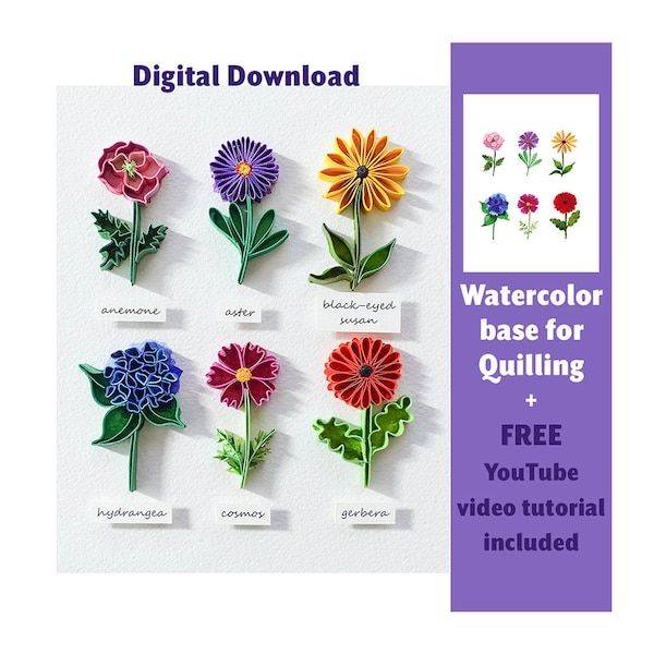 Digital Download Pattern Paper Quilling - 6 Flowers Art DIY - Tutorial - Anemone, Cosmos, Hydrangea, Aster, Gerbera - Autumn, Christmas Gift