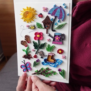 Arte primaveral de filigrana de papel hecho a mano: regalo de cumpleaños, tarjeta de Pascua, amor por el jardín