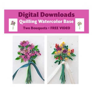 Digitale downloads Twee aquarelboeketten en bloemenpatronen - sjabloon filigraan aquarel basisschildering voor beginners