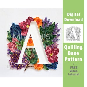 Patrón de descarga digital, contorno tipográfico para quilling de papel base / Impresión digital / Monograma letra A / Página para colorear con flores