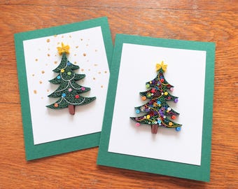 Handmade Christmas Tree Cards - Paper Quilling Gift - Winter Holidays Greetings - Traditional Home Decor