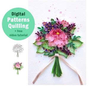 Digital Download Pattern Bouquet Quilling Card - Peony Flowers - Supplies, Template - Easter, Mother's Day, Birthday Gift