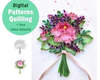 Digital Download Pattern Bouquet Quilling Card - Peony Flowers - Supplies, Template - Easter, Mother's Day, Birthday Gift