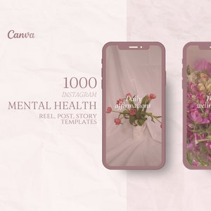1000 Pink Mental health templates, self-care, wellness, Instagram post, story, reel, reel covers, captions
