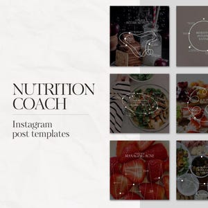 Könnte beinhalten: Eine Sammlung digitaler Instagram-Beitragsvorlagen für einen Ernährungscoach, mit weißem Hintergrund und schwarzem Text mit der Aufschrift NUTRITION COACH und Instagram post templates, sowie verschiedenen quadratischen Bildern von Lebensmitteln, Getränken und Diagrammen.