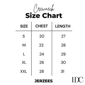 May include: Size chart for crewneck shirts, showing chest and length measurements in inches for sizes S, M, L, XL, and XXL. The chart is labeled "Crewneck Size Chart" and "JERZEES" at the bottom.