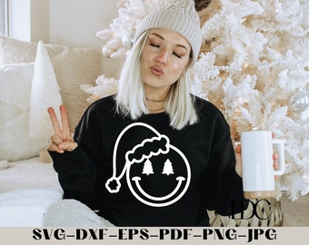 Christmas Smiley Face SVG: Santa Hat, Tree Design (Digital Download)