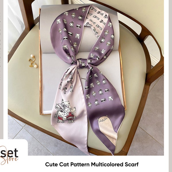 Cute Cat Pattern double-Sided Skinny Scarf in beige and cream colors for use as neck scarf, handbag scarf, hair band, hair tie