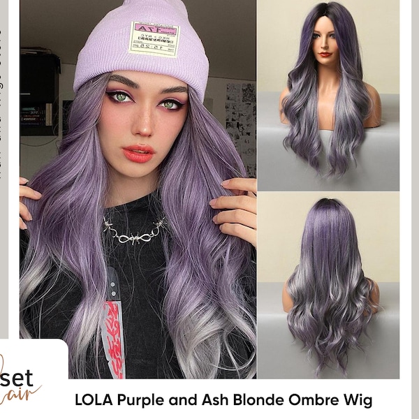 LOLA light purple to ash blonde ombre wavy wig | Realistic Synthetic Wig for everyday use or cosplay | Long body wave wig - lilac and grey