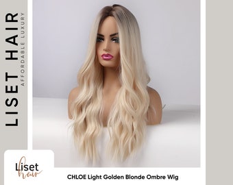 CHLOE Platinum Blond Middle Part Wig with Brown Roots | Light olden Blonde Wig | Synthetic Long Body Wave Wig for everyday use and cosplay