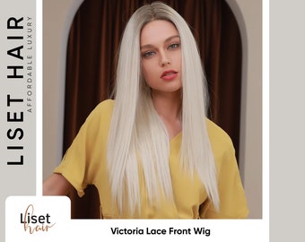 Victoria Straight Platinum Blonde Lace Front Wig with dark roots | Bone Straight Synthetic Lace Wig | Realistic Natural Part Wig