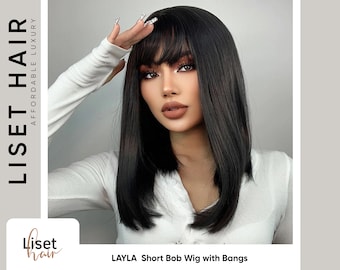 LAYLA Black Straight Short Bob Wig with Bangs | Realistic Synthetic Wig for everyday use or cosplay | Mid-length natural black wig with bang
