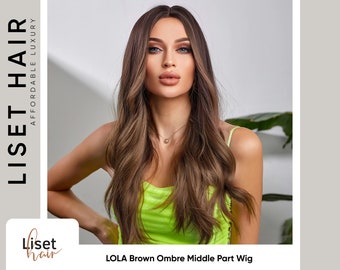 LOLA Honey Brown Ombre Perruque de la partie centrale | Perruque synthétique réaliste pour un usage quotidien, cosplay | Perruque brune longue vague