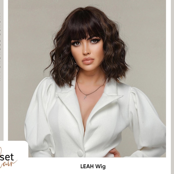 LEAH Dark Brown Wavy Wig with Lighter Brown Highlights and Light Brown Tips | Everyday use, cosplay | Stylish Realistic Short Bob Wig