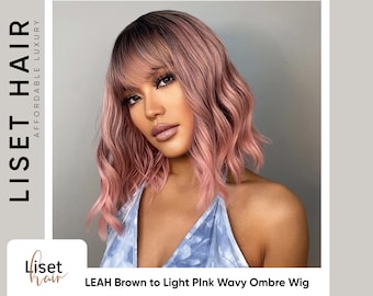 Leah Dark Brown to Light Pink Wavy Mid-Length Synthetic Wig with Bangs, Fringe | Everyday use & cosplay | Realistic Natural Short Bob Wig