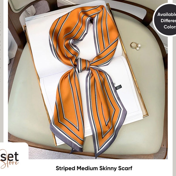 Modern Striped Patterned Skinny Scarf for use as neck scarf, handbag scarf, hair band or hair tie | White, Black, Brown, Tan, Orange Colors