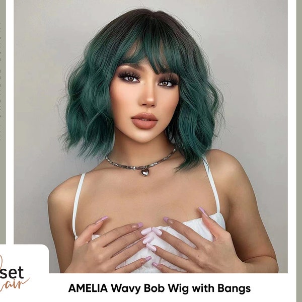 Amelia Dark Green Ombre Synthetic Hair Wig with Fringe/Bangs for everyday use or cosplay | Shoulder length wavy bob wig with dark roots