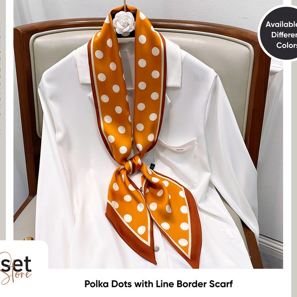 Orange and White Polka Dots Scarf with Line border Trim for use as neck scarf, handbag scarf, hair tie | White, Black, Tan, Teal Blue Colors