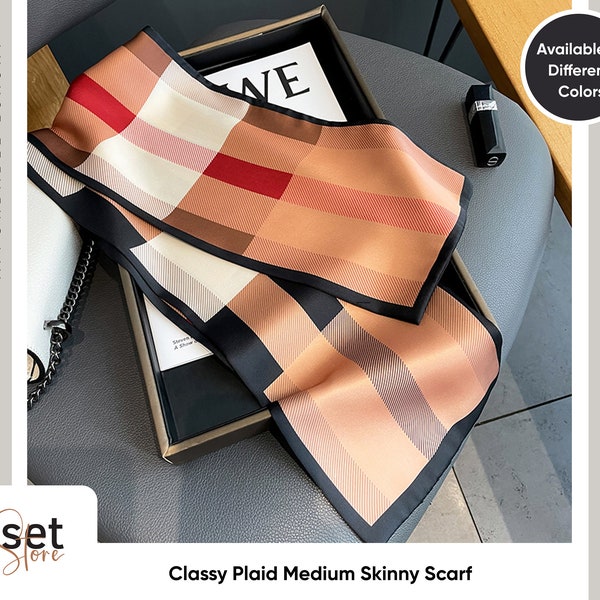 Classy Plaid Pattern Skinny Scarf à utiliser comme foulard de cou, foulard de sac à main, bandeau de cheveux ou cravate | Blanc, Noir, Crème, Gris, Marron, Rouge Couleurs